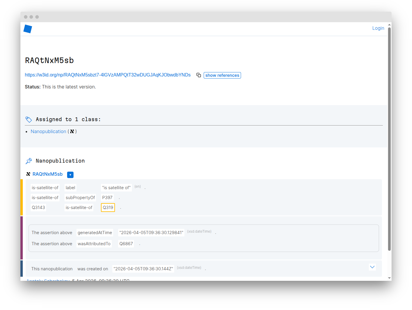 Published nanopublication screenshot